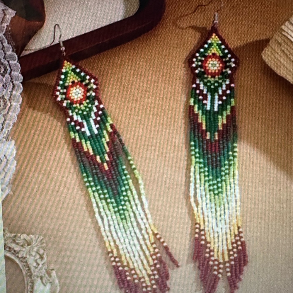 Handcrafted Multicolor Beaded Earrings, NWOT 7.4 in. - Picture 4 of 4